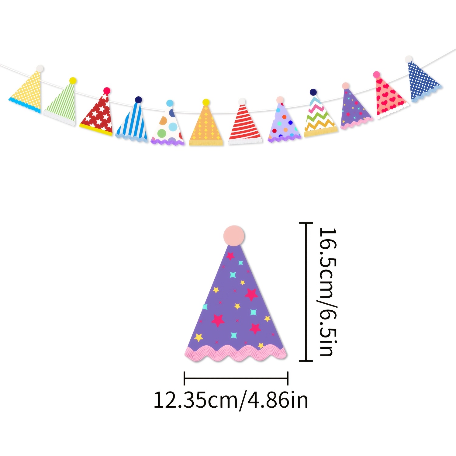 TEMU Bannière d'anniversaire avec découpes de chapeaux de fête, guirlande multicolore à rayures, pois, et cœurs pour intérieur, idéale pour la