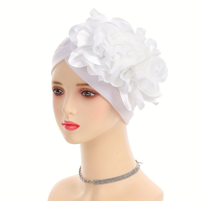 TEMU Elegant Satin Flower Turban For Women - Stretchy, Comfortable Head Wrap With Dual-tone Design, Perfect For Chemotherapy Patients