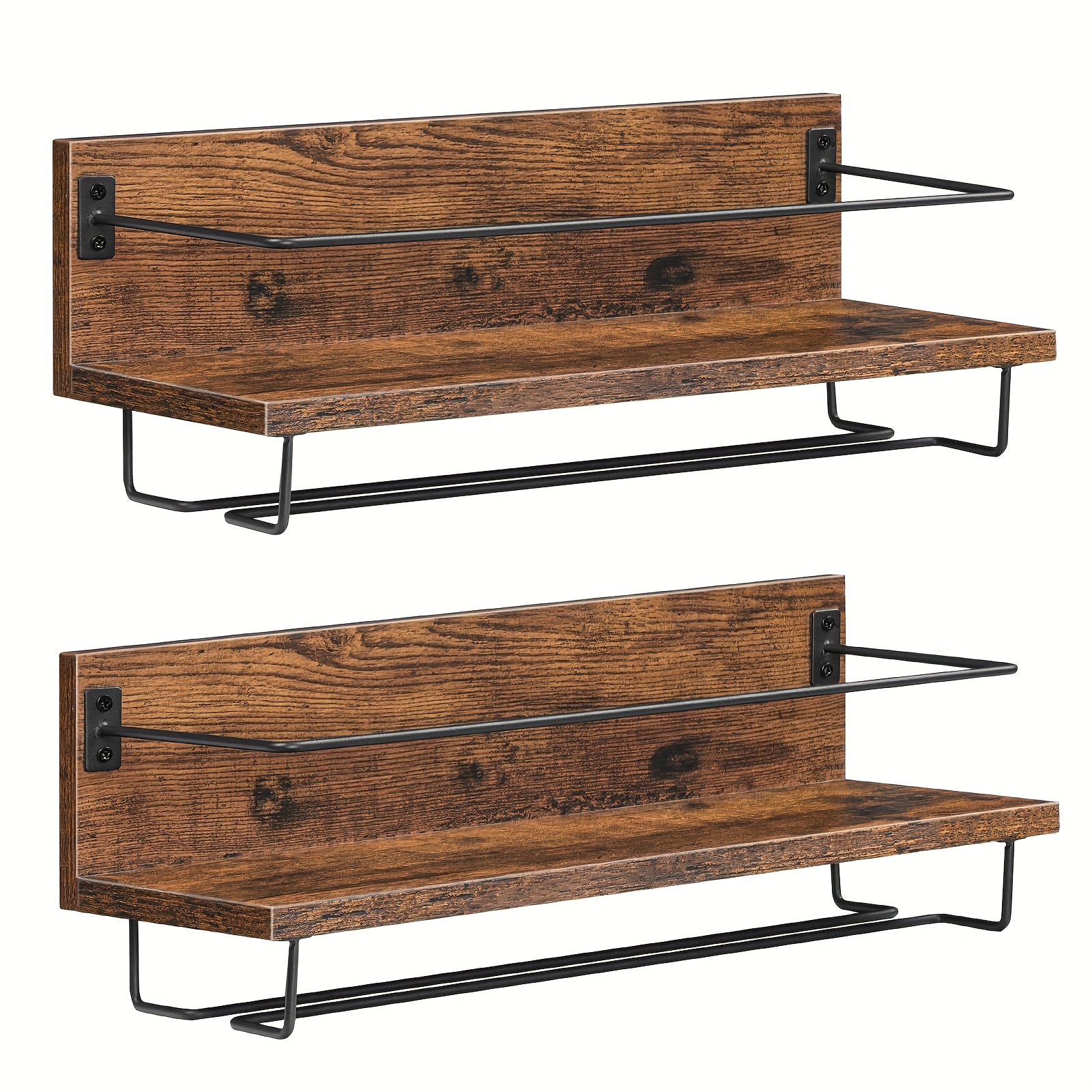 Image of Set Of 2 Wall-mounted Wine Racks, Hanging Floating Wall Shelf For Wine Rack, High-footed Cup Rack For Wine Glasses, Suitable For Living Room, Dining Room, Kitchen, In Rustic Brown And Black