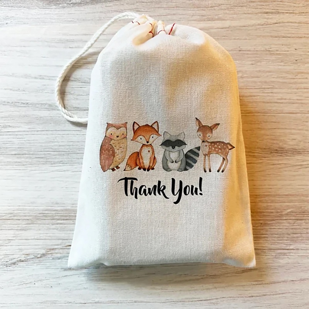 Image of 10pcs Woodland Gift Bags Suitable For & - Fox, Deer, Owl Drawstring Party Bags For Baby Shower, 3rd 4th Birthday Party Favors, Party Decorations & Thank You Presents (fabric)