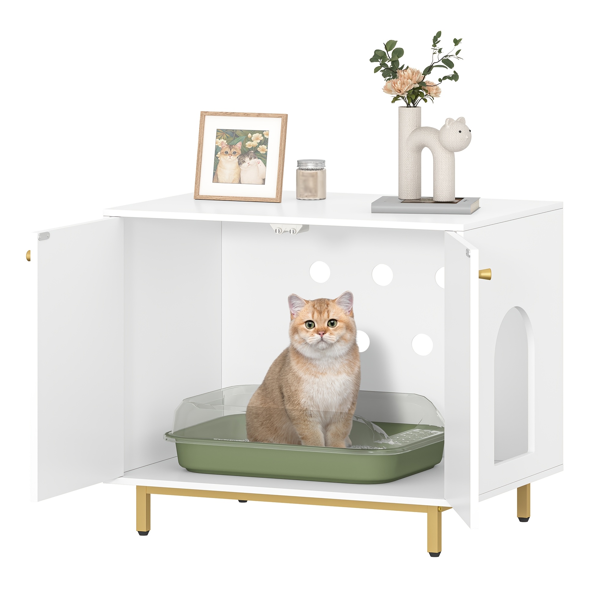 Image of Cat Cabinet, Cat Litter Tray Cabinet, Cat House With Door, Wooden Side Table For Pet House, 80 X 55 X 70cm, Sturdy Cat Cabinet, White And Golden