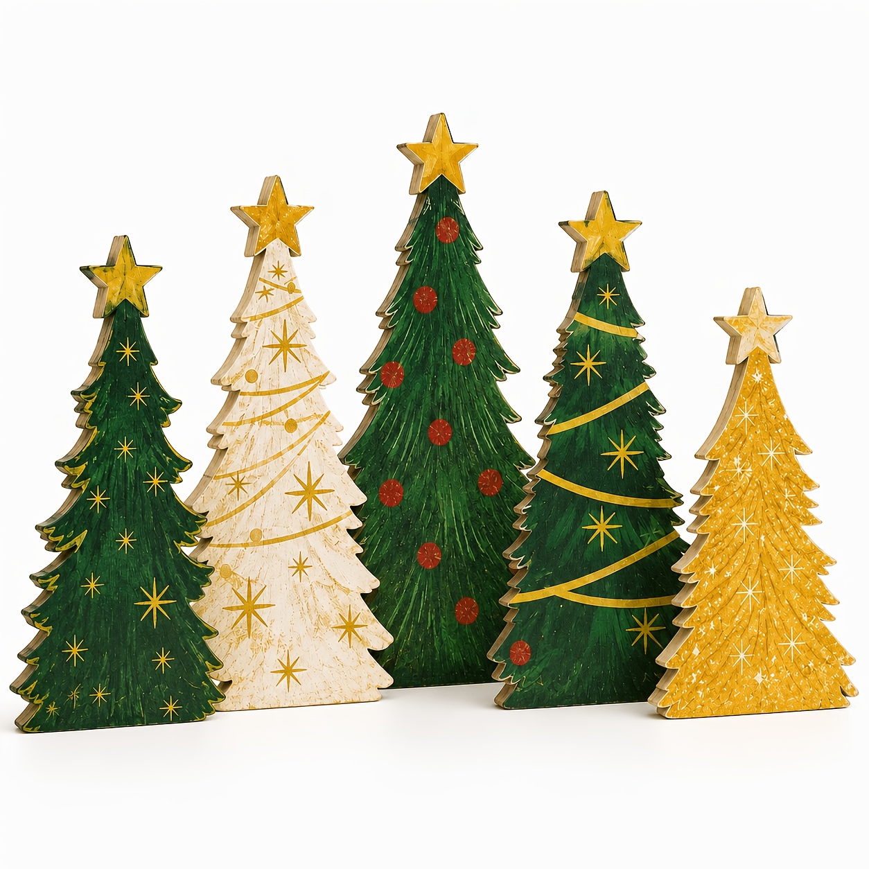 TEMU Christmas Tiered Tray Decorations, Set Of 6 Distressed Vintage Wood Christmas Tree Cutout Ornaments, Embellished With Golden Stars, Rustic