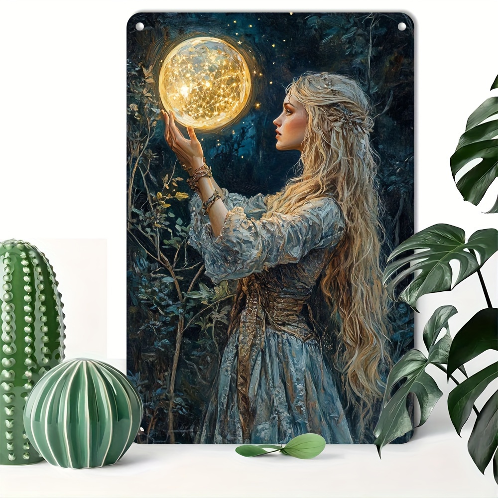 

Mystical Moon Goddess Tin Sign Art Set, 1pc Vintage Aluminum Wall Decor For Home & Garden, Weather-resistant Metal Poster With Pre-drilled Holes - 8x12 Inch