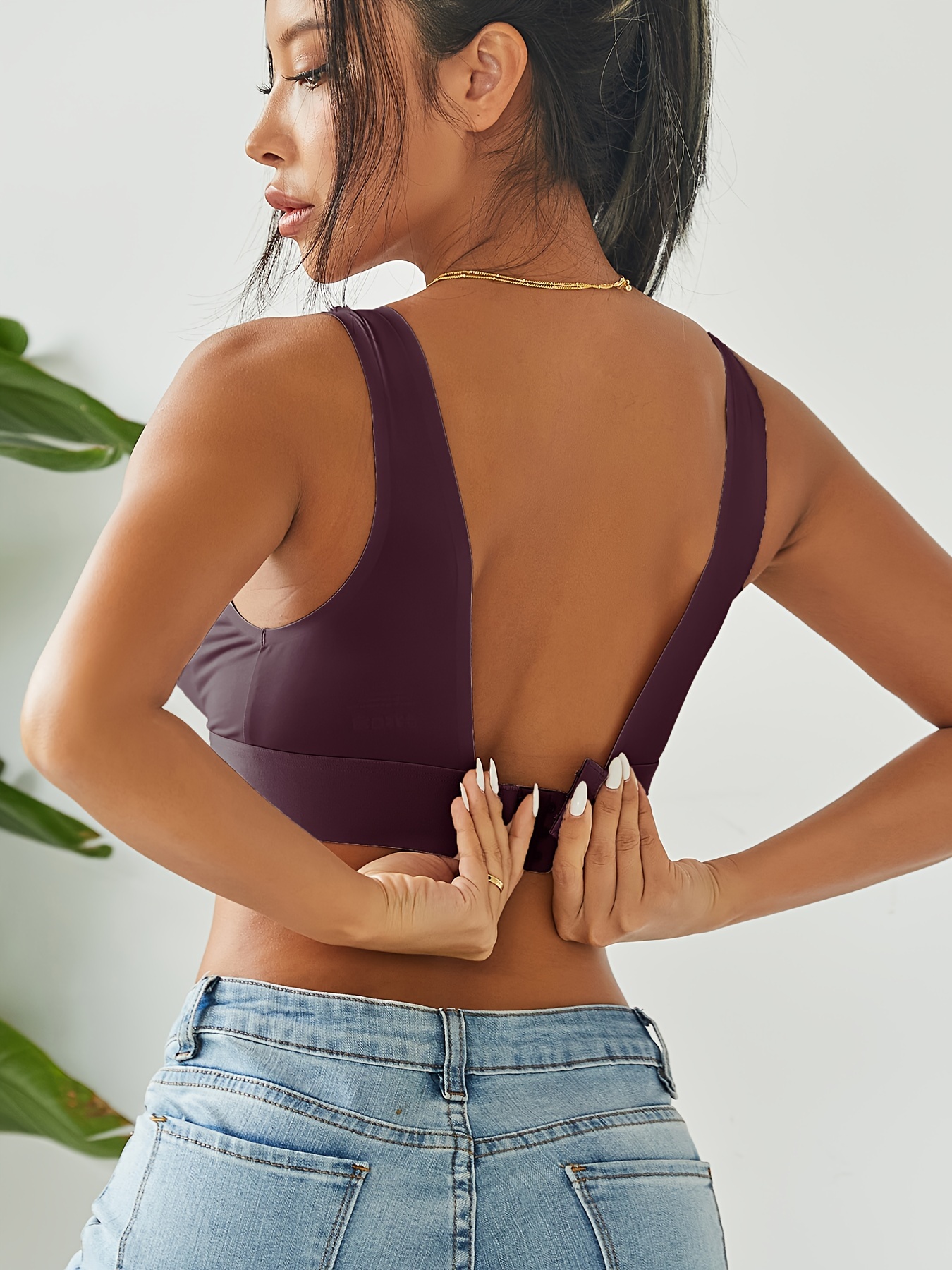 Low Back Seamless Ribbed Deep V Neck Bralette, Removable Padded, Adjustable  Strap Pullover Bralette, Soft and Comfortable for Everyday 