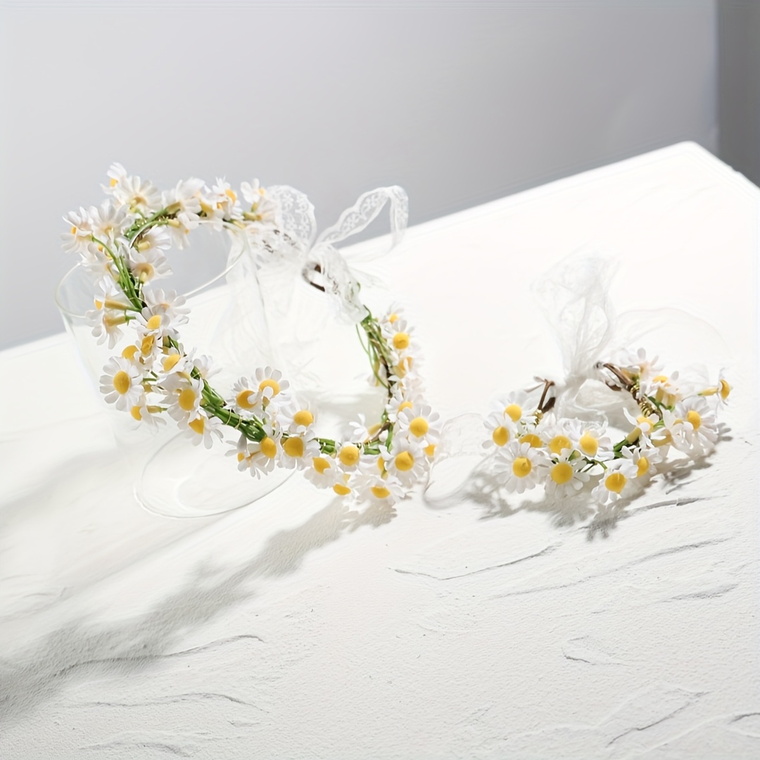 Image of 2pcs Bohemian Artificial Flower Garland & Wrist Bracelet - Chrysanthemather/sunflower For Wedding, Bridal Accessories, Bridesmaid Hair, Party Favors - Lightweight Suitable For Weddings & Events