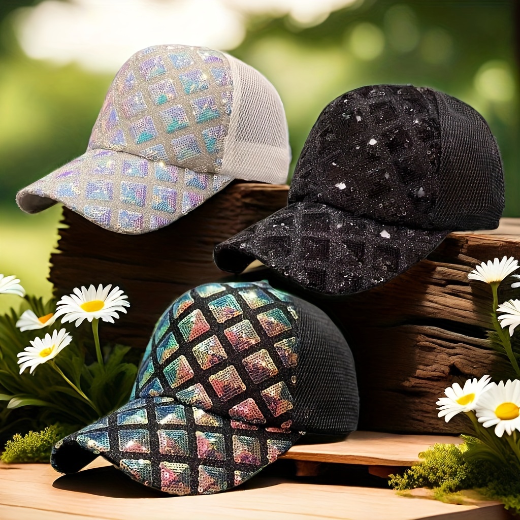 

1pc Sequined Plaid Mesh Breathable Baseball Cap For Women, Spring/summer Versatile Sun Protection Hat, Fashionable & Trendy Accessory