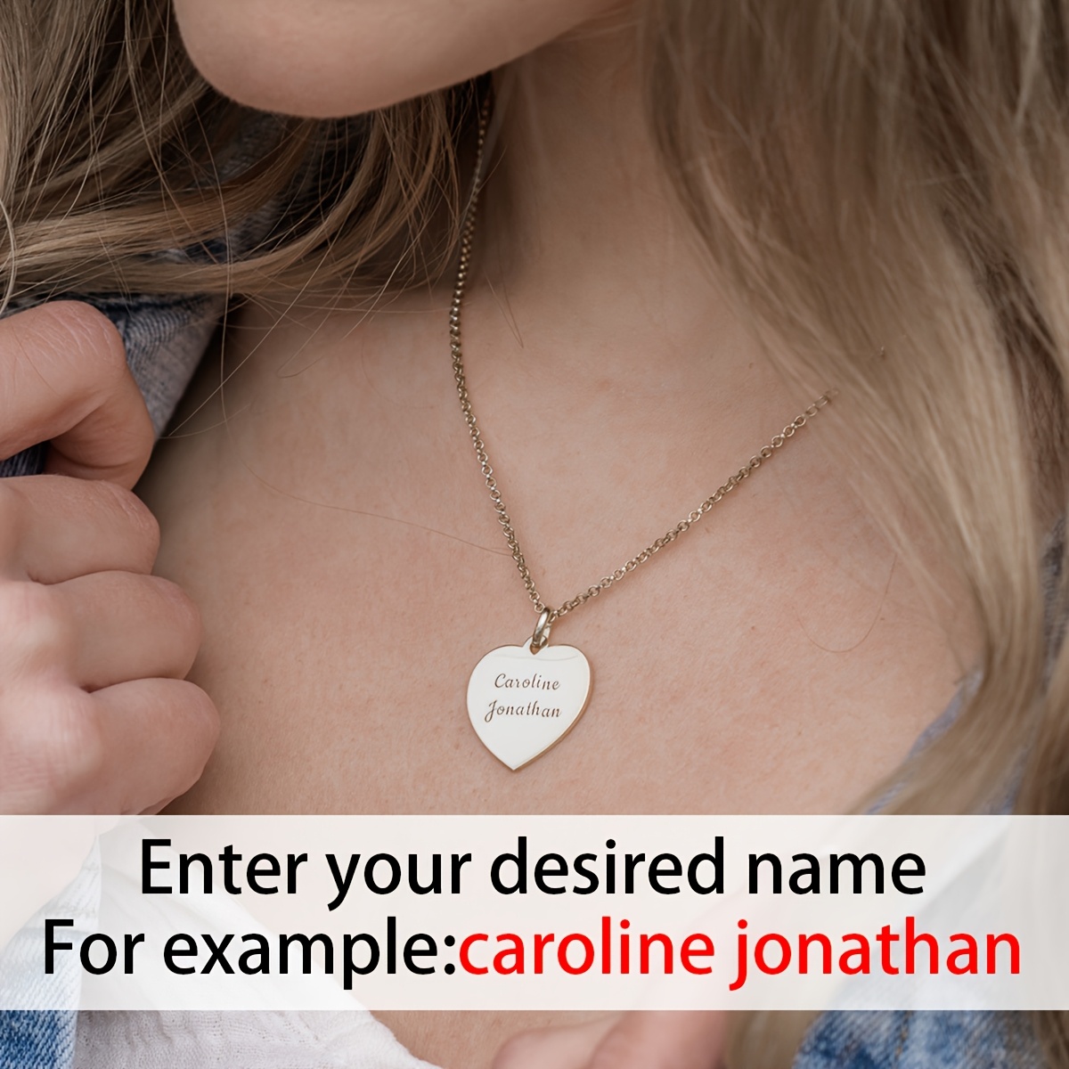 TEMU Collana con ciondolo a forma di cuore personalizzata, in acciaio inossidabile, incisione laser con inglese, catena regolabile personalizzata,