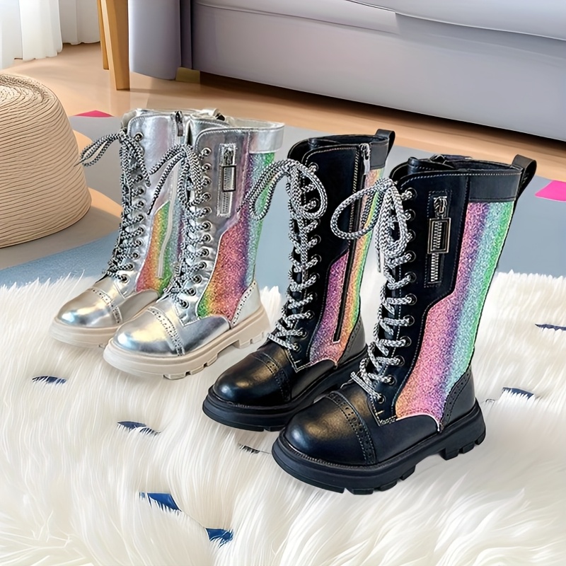 girls boots autumn and winter new youngsterss high boots single boots little girl plus fleece boots colorful long boots 0