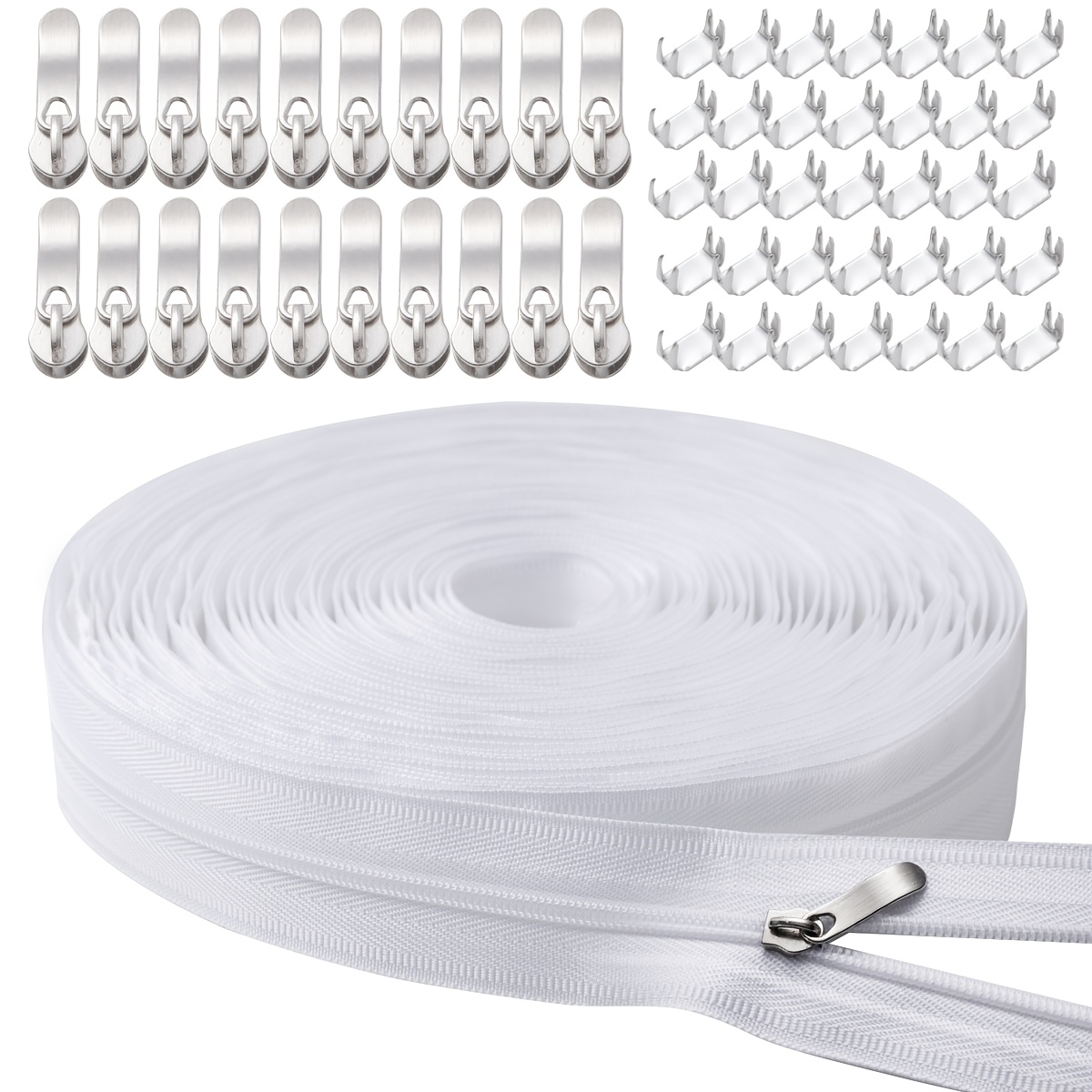 E-shop 11 Yards Weißer Nylon Reißverschluss | #3 Großpackung Reißverschlüsse zum Nähen von Bastel- und mit 20 Ersatz-Reißverschluss-Schaltern