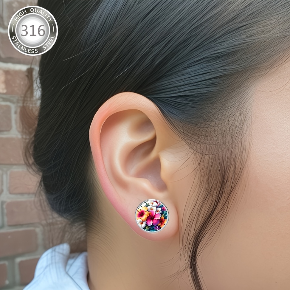 Women's Vibrant Hibiscus Flower Stud Earrings, Hypoallergenic