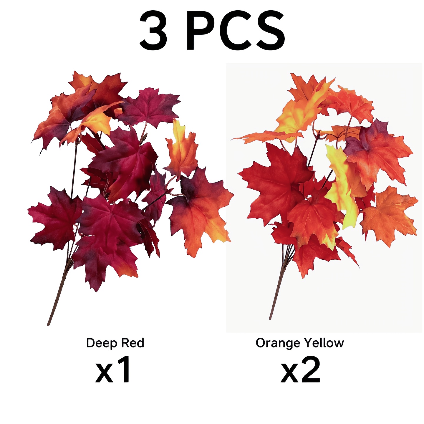 TEMU 3pcs Artificial 6 Fork 16 Autumn Foliage, 40cm Length, 1pc & Orange Yellow 2pcs, Fake Leaf Branches, For Vase Arrangement, Home Indoor Decor,