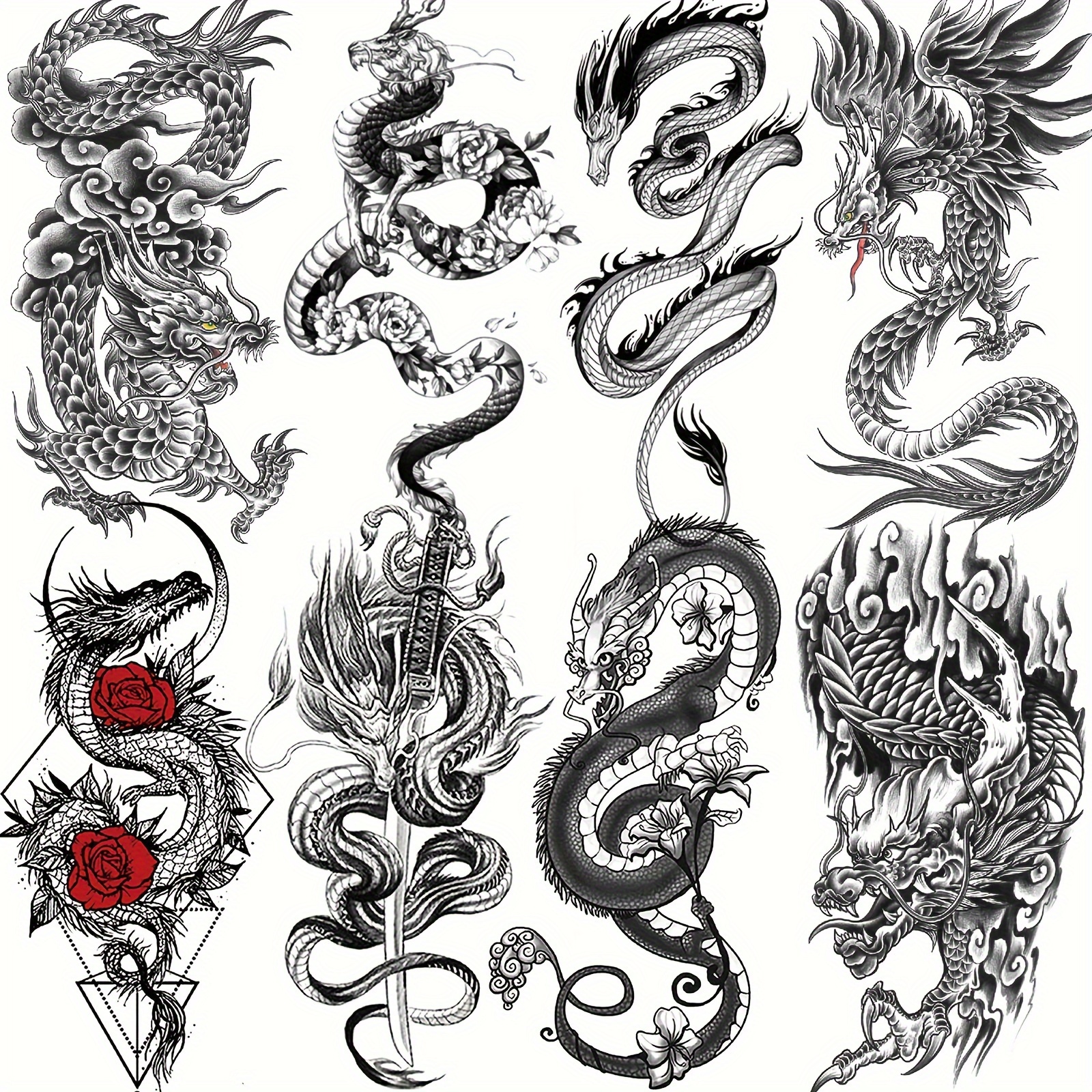 

8-pack Cool And Fierce Dragon Temporary Tattoos For Adults, Realistic Long-lasting Waterproof Body Art Decals, Oblong Shape Fake Tattoo Stickers For Arms And Legs