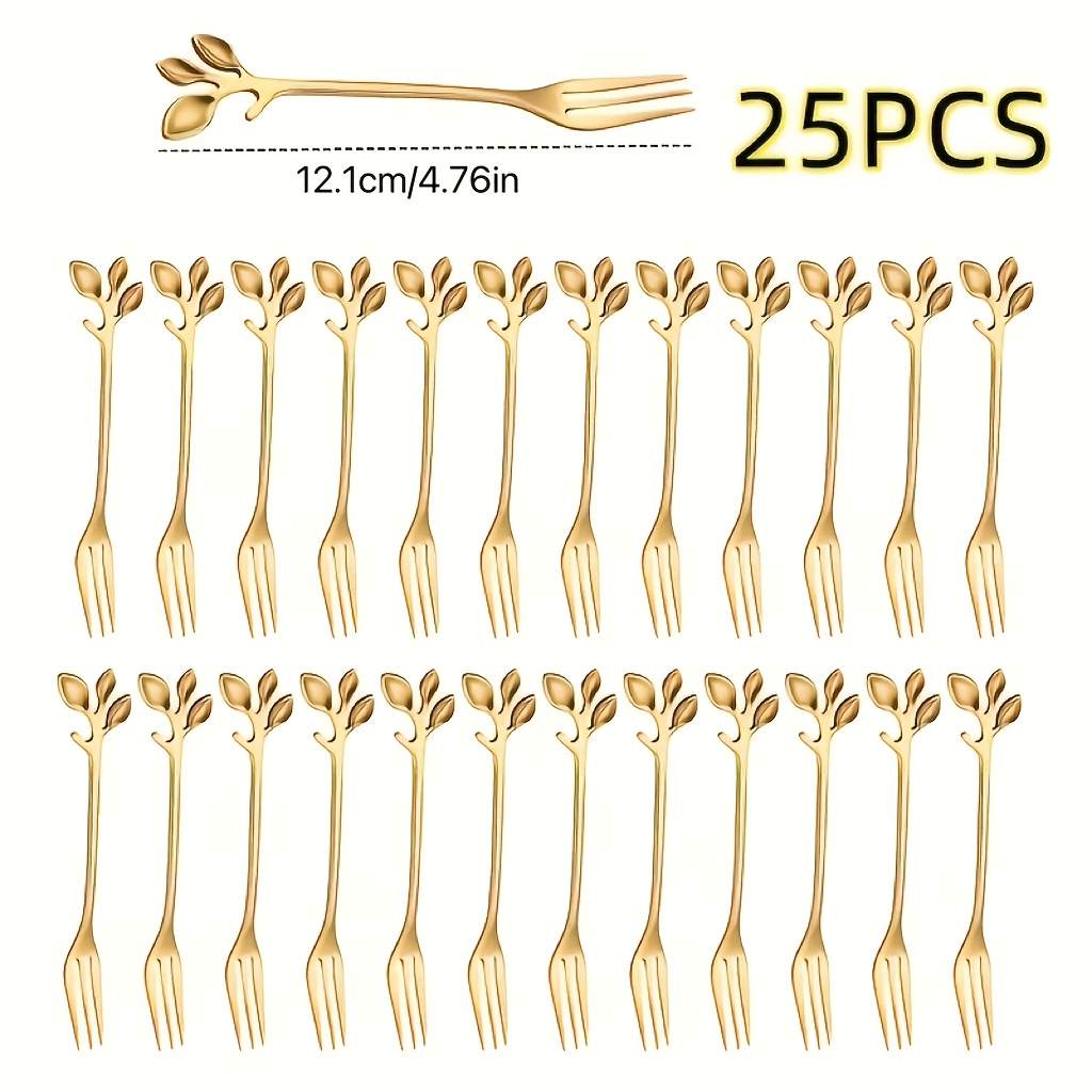 Image of 25pcs Stainless Steel Mini Dessert Forks, Leaf-shaped Design, Mirror Polished, Dishwasher Safe - Perfect For Parties And Weddings, Fruit Forks, Nordic Style, Golden/silvery, Party Supplies