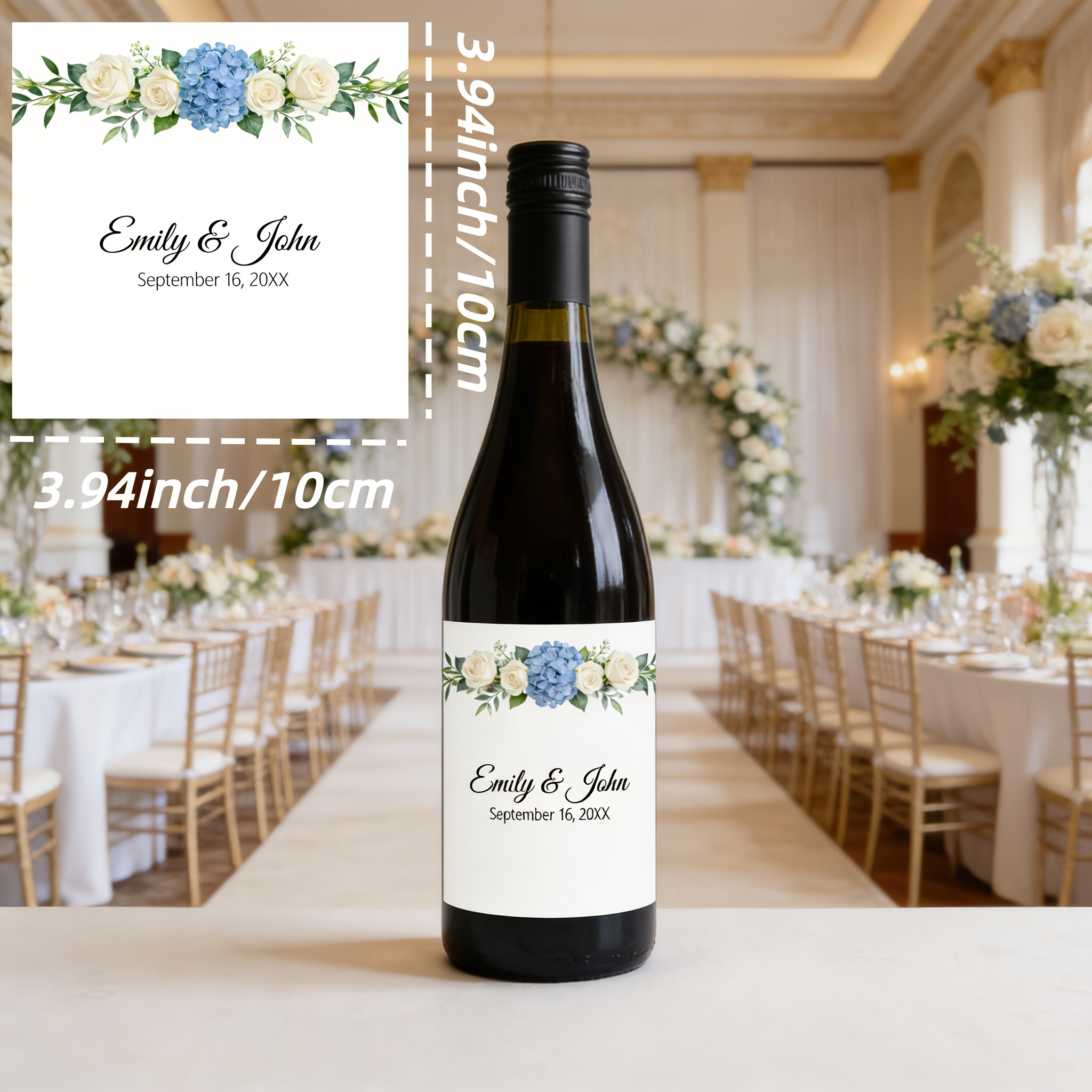 TEMU 24 autocollants personnalisés pour bouteilles d'eau, design hortensia bleu et , pour la personnalisation de mariage. Idéaux pour décorations de