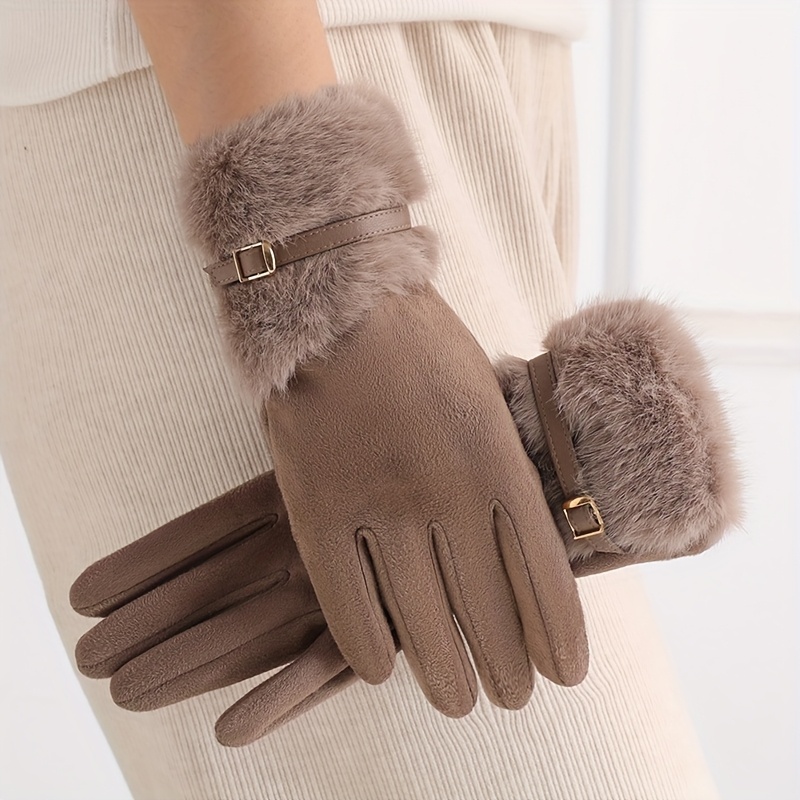 TEMU Fleece-lined Gloves Women's Winter Warm Plush Back Touch Screen Optional Windproof Cold-resistant Riding Driving Use 1 Pair