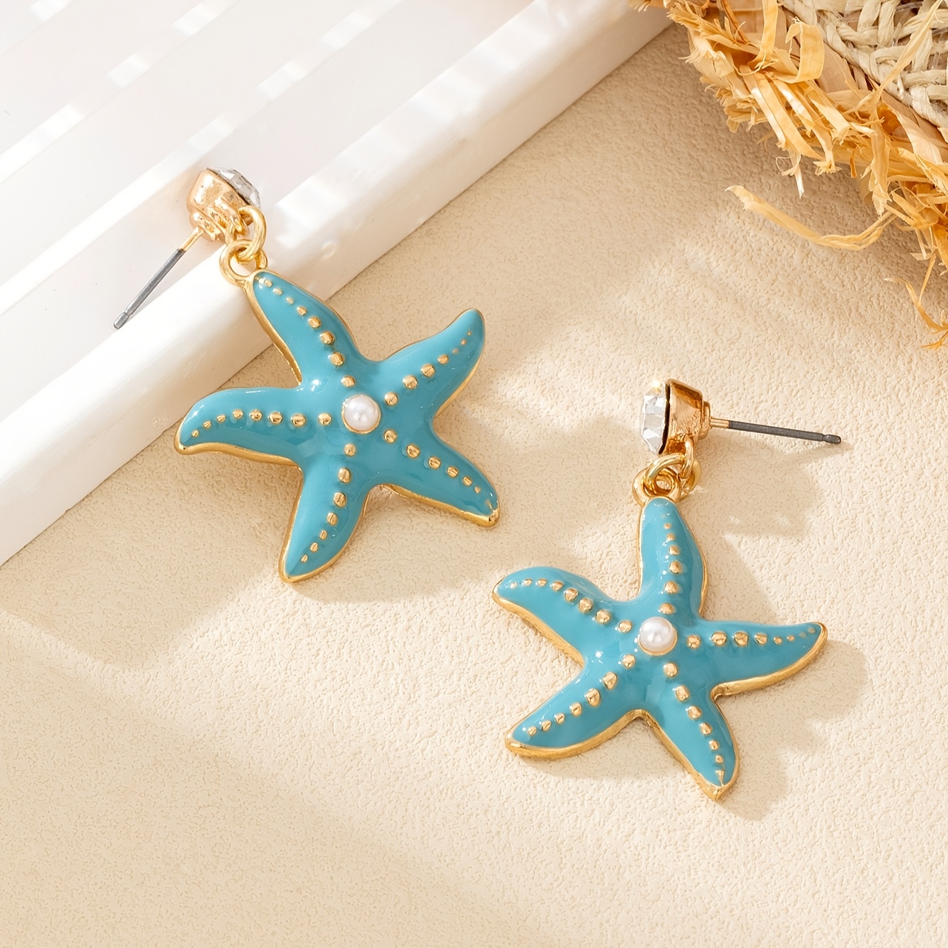 Image of Fashionable Beach Style Short Starfish Enamel Rhinestone Earrings For Women, Suitable To Wear At The Seaside And Gift