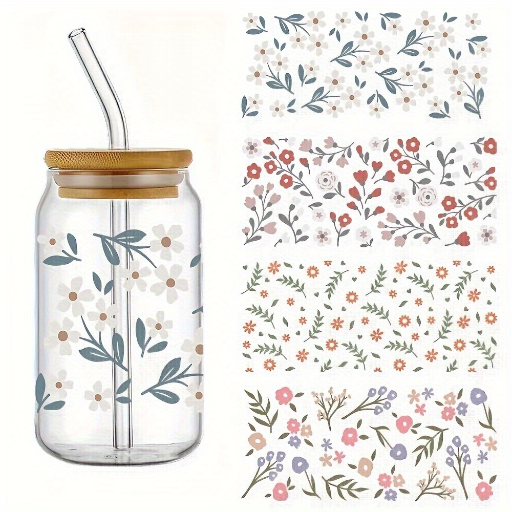 

4-pack Floral Uv Transfer Decorative Sticker Set For 16oz Glass Tumblers, Waterproof Plastic Diy Bottle Decal Kit, High-quality Adhesive Shrink Wrap Sleeve For Personalized Drinkware