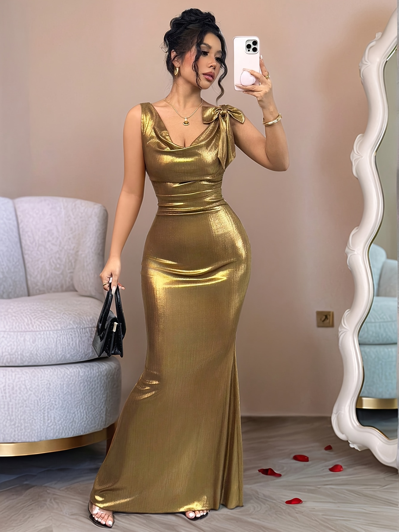 womens elegant solid color metallic golden backless Temu United