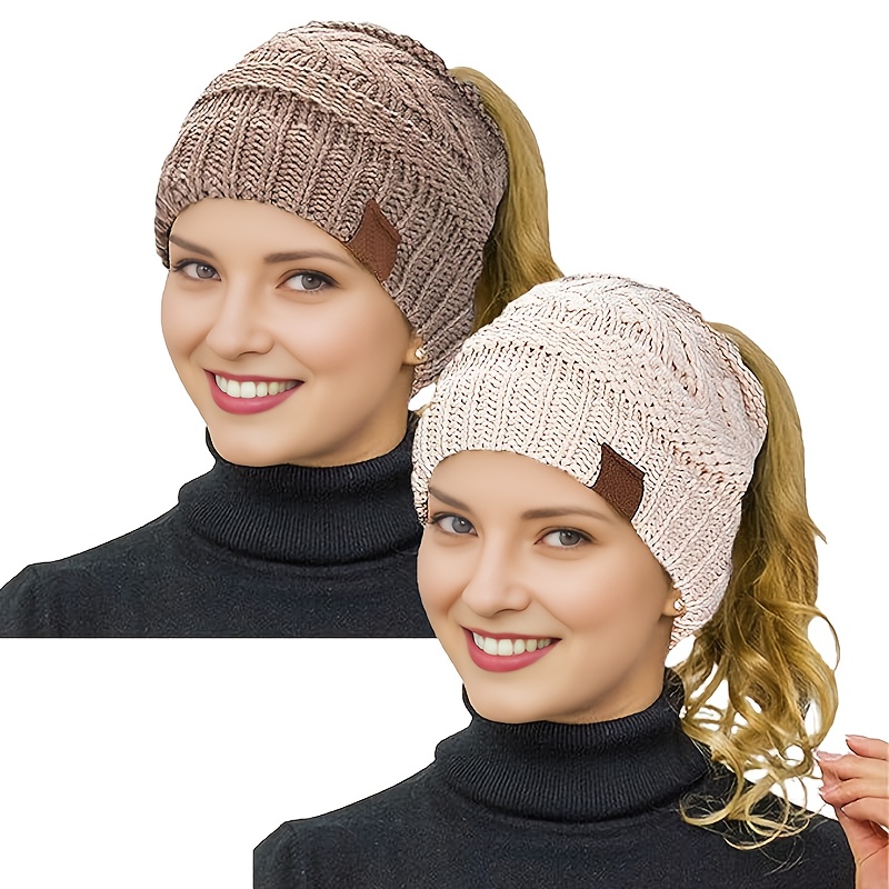 

1/ 2pcs Women Ponytail Beanie Winter Warm Cable Knit Messy High Bun Hat- Ponytail Women