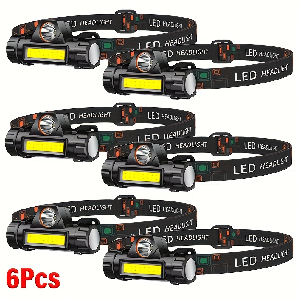 TEMU 6pcs Led Portable Headlamp, Usb Rechargeable Cob Headlamp With Magnet Flashlight, Very Lightweight, Adjustable Headband Headlamp, Suitable For