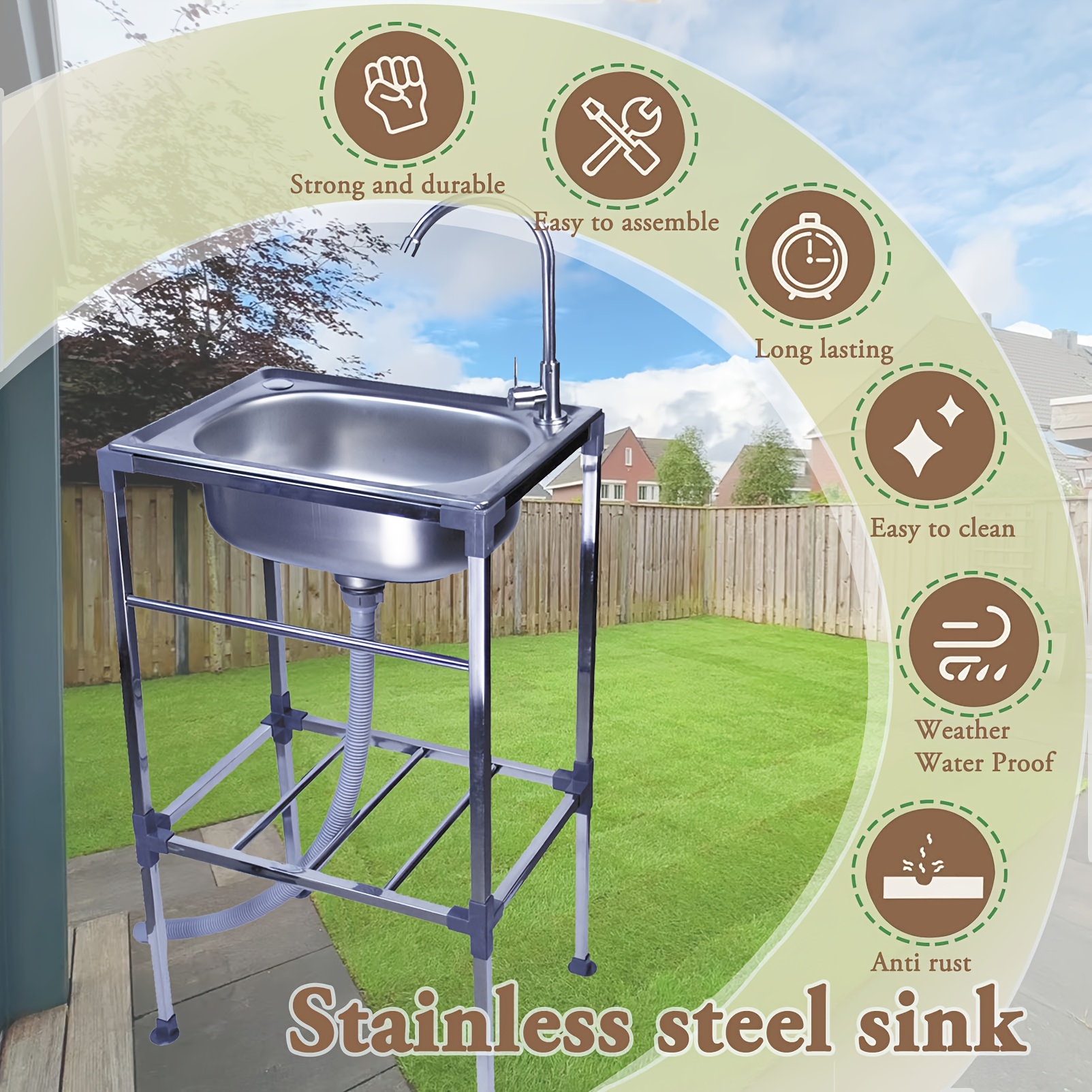 Wastafel roestvrij staal, mobiele spoelbak voor buiten, commerciële keuken, spoelbak met kraan met koud- en warmwaterslangen, camping voor buiten, binnen, restaurant, 68 cm