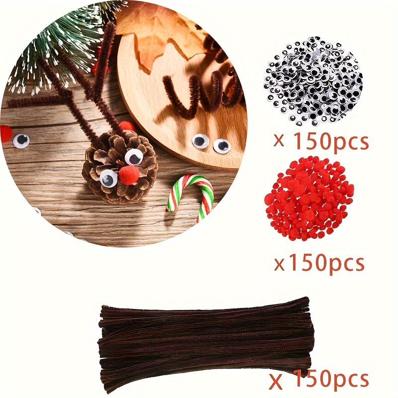 TEMU 450pcs Christmas Reindeer Crafting Kit - Includes 150 Brown Pipe Cleaners, 150 Googly Eyes, & 150 Red Pom Poms - Ideal For Diy Holiday Decorations & Gifts, Reindeer