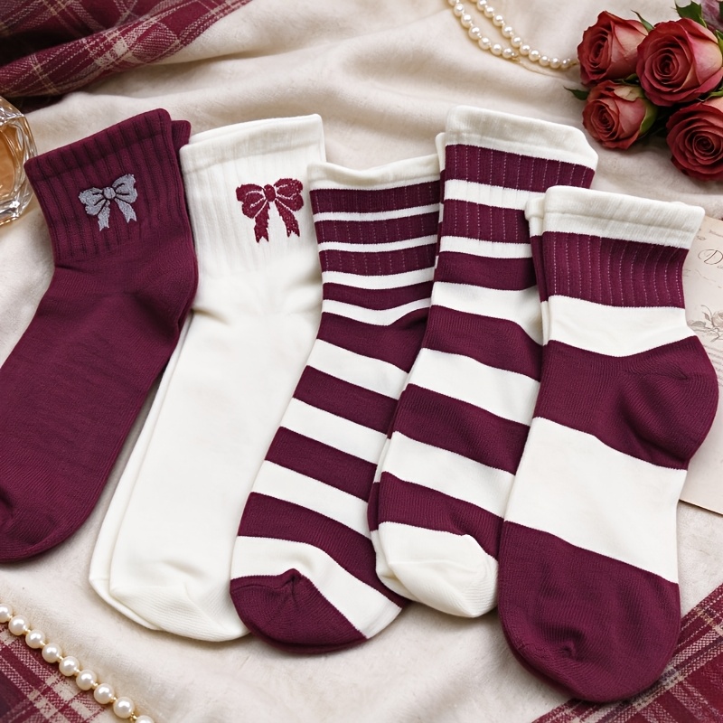TEMU Lot de 5 paires de chaussettes à rayures rouges, chaussettes de sport bordeaux pour femme