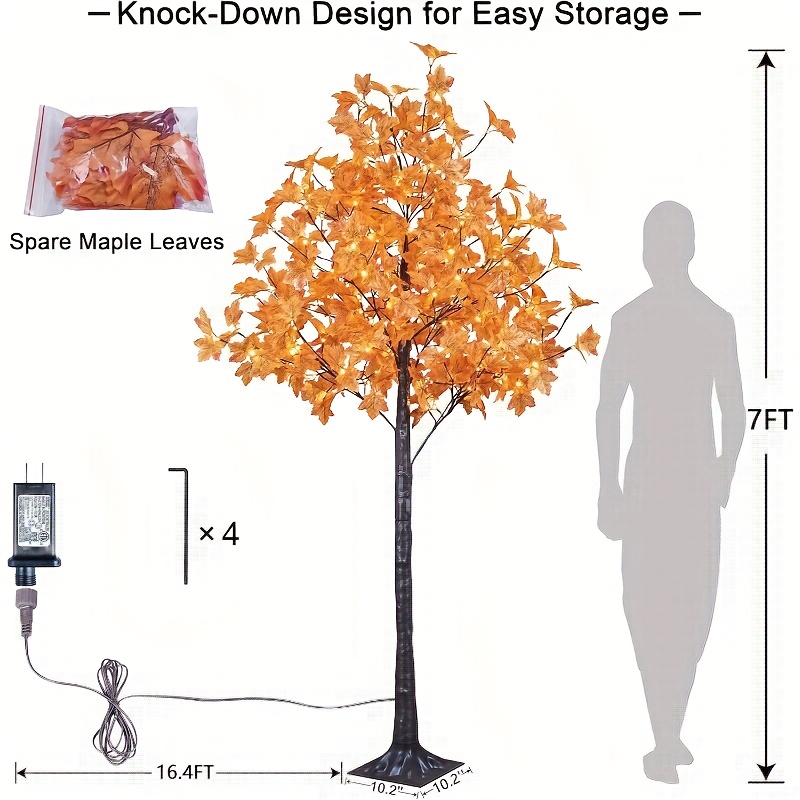 1/2Pack, 6FT 96LED/ 7FT 160LED Artificial Lighted Maple Tree 200 Leaves Warm White Fall Decorations Indoor Halloween Christmas Festival Home Fall, Orange