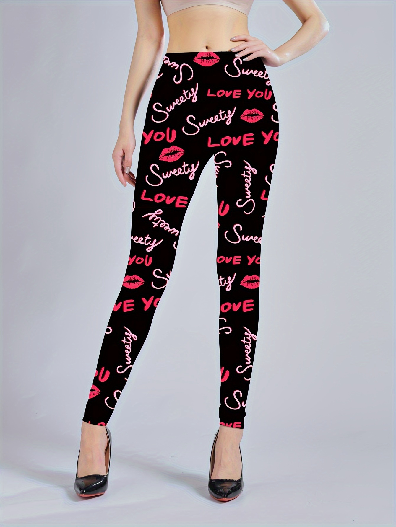 Heart & Love Print Skinny Leggings, Casual Stretchy Every Day Leggings,  Women's Clothing, Valentine's Day