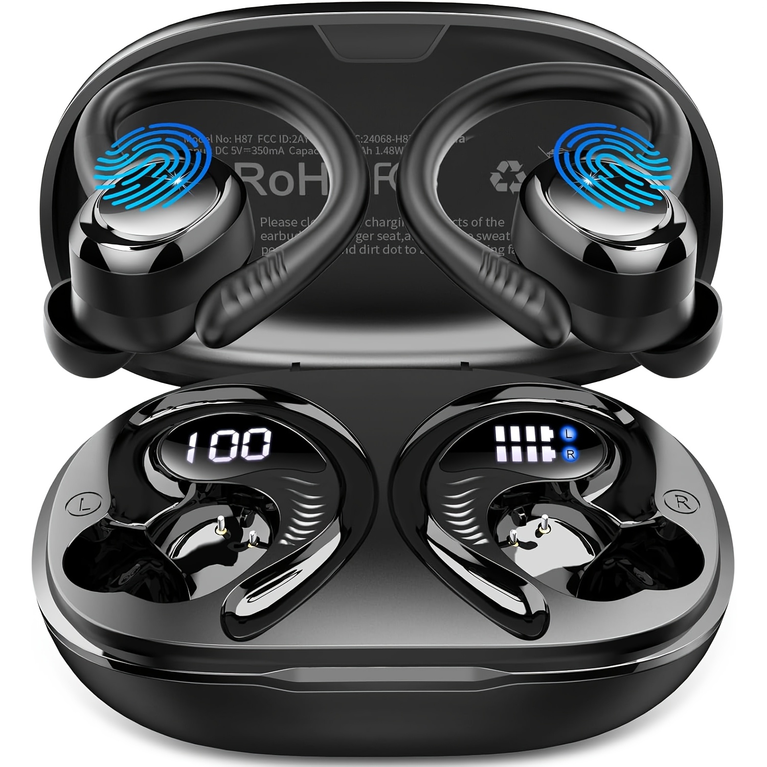 Image of H87 Wireless Earhooks Earbuds, Wireless 5.4, Sports , 14.2mm Hifi Stereo, 4-mic Enc Noise Cancelling, Led Digital Display, 50h Total Playtime, Usb-c Fast Charging & Smart Touch Control