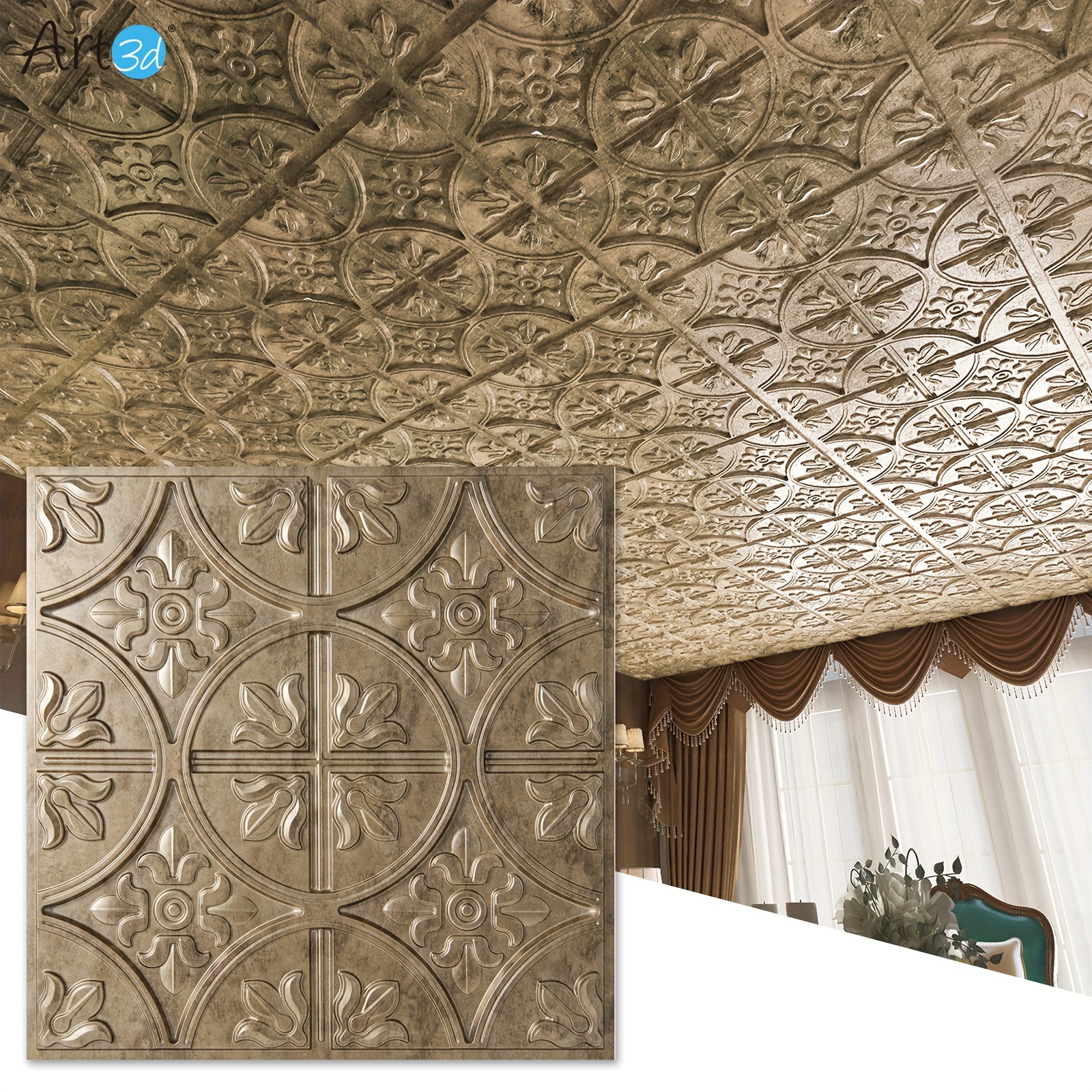 

12-pack Drop Ceiling Tiles 24"x24" Ceiling Panel, Fancy Classic Style In Antique Gold, 48 Sq Ft/case