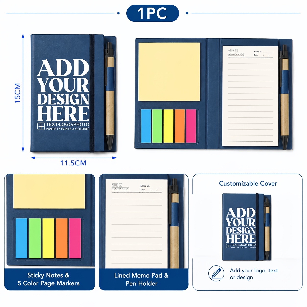 TEMU 1pc Personalized Notebook Set, Includes Pen. Customizable Cover Text/logo/photo, Portable Notebook Featuring Sticky Notes And Index Tabs, In 4
