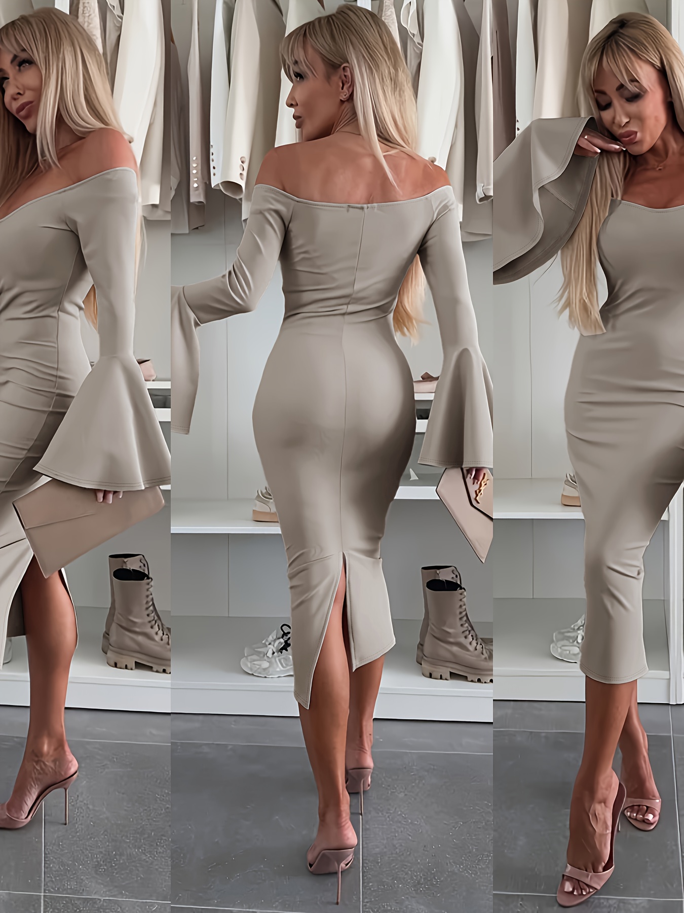 Women'S Elegant Off-Shoulder Bodycon Dress, Slit Hem And Flared Sleeves *  Party Gown, Evening Dress [HW915]