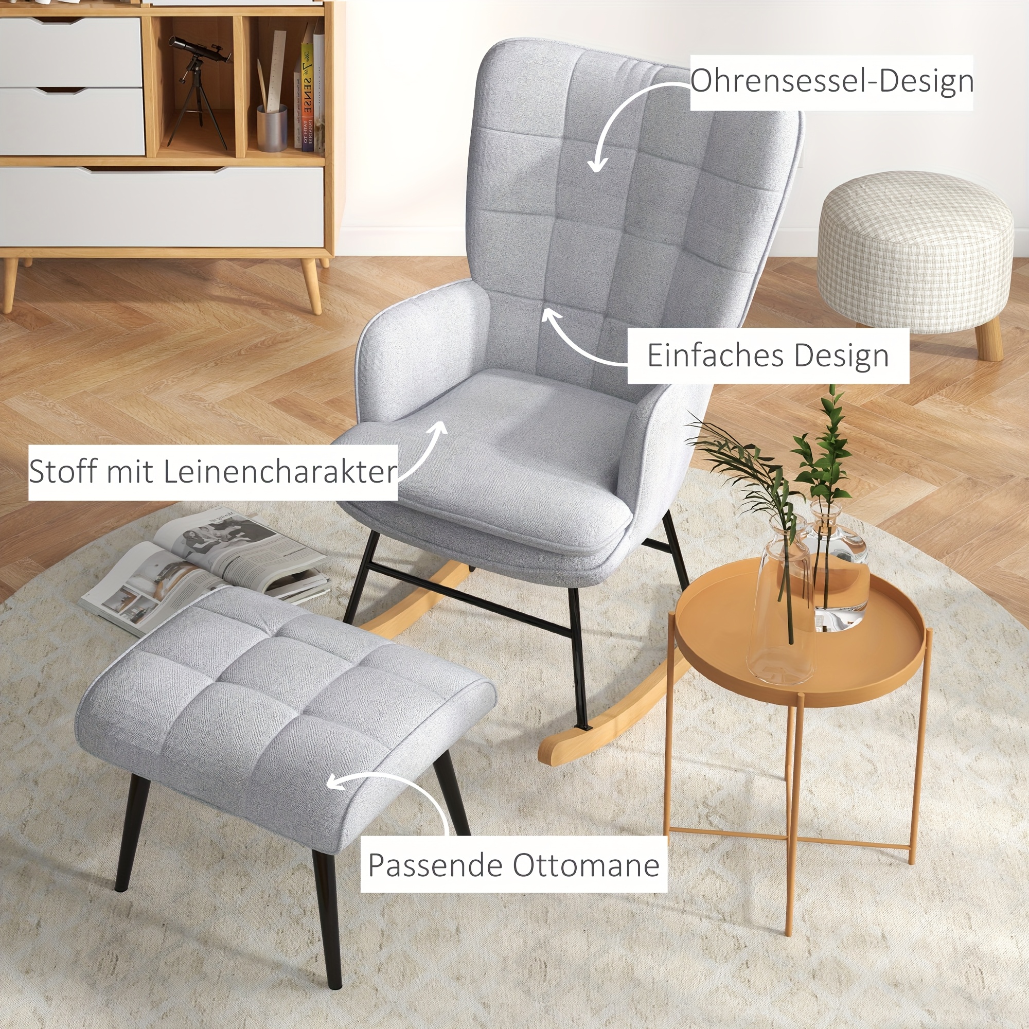 living room lounge chair with stool swing chair armchair linen effect lounge chair rocking chair load bearing capacity up to 130   light gray cozy seating indoor furniture   contemporary design durable construction lightweight chair rocking armchair comfortable seating small   home decor lovers 5