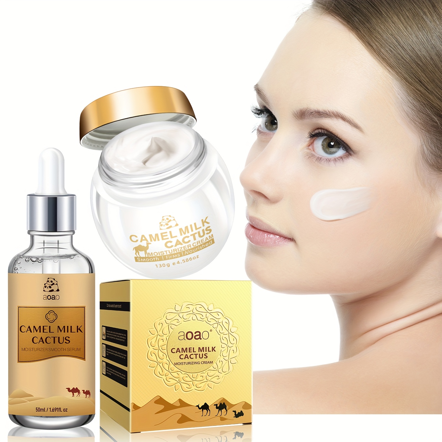Image of 2pcs Camel Milk Cream Skincare Set With Collagen , , And Brightens The Skin, Featuring A Facial Serum And A Moisturizing Cream That Quickly Absorbs Without Greasiness For Facial Care