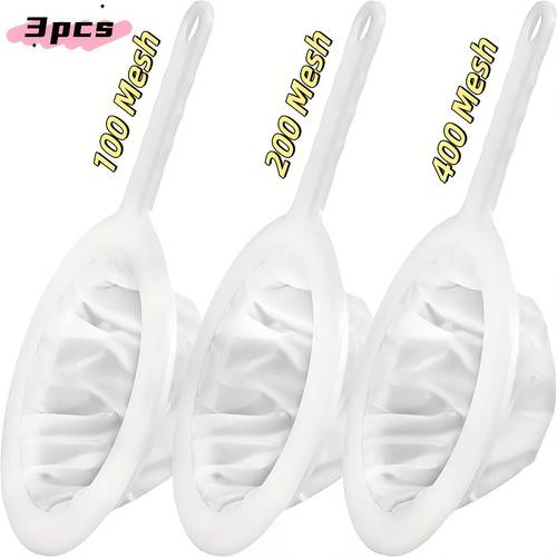 set of 3 ultra fine nylon mesh strainers featuring plastic handles in 100 200 and 400 mesh sizes for filtering soy milk coffee yogurt juice and sturdy kitchen sieve filters suitable for outdoor use and non electric