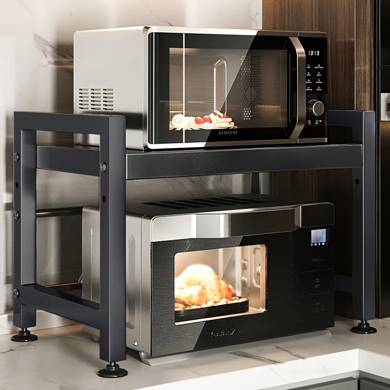 Estantería Negra Extensible para Cocina - Estante Ajustable de 2 Niveles con 6 Ganchos, Organizador Metálico para Encimera y Utensilios,    , 40-65cm,   Montaje, Sin Madera, Diseño Moderno, Soporte para Utensilios, Estilo Metálico Elegante