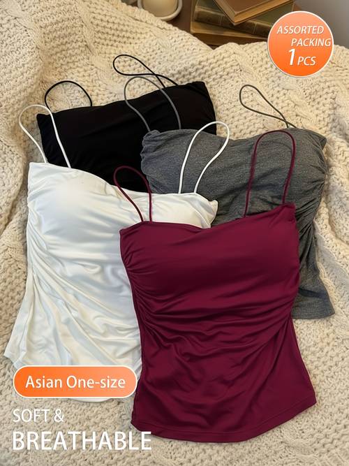 random 1pc womens ruched design cami top stretchy comfortable non removable padding lingerie easy elegant versatile essential elastic comfortable universal christmas valentines day style