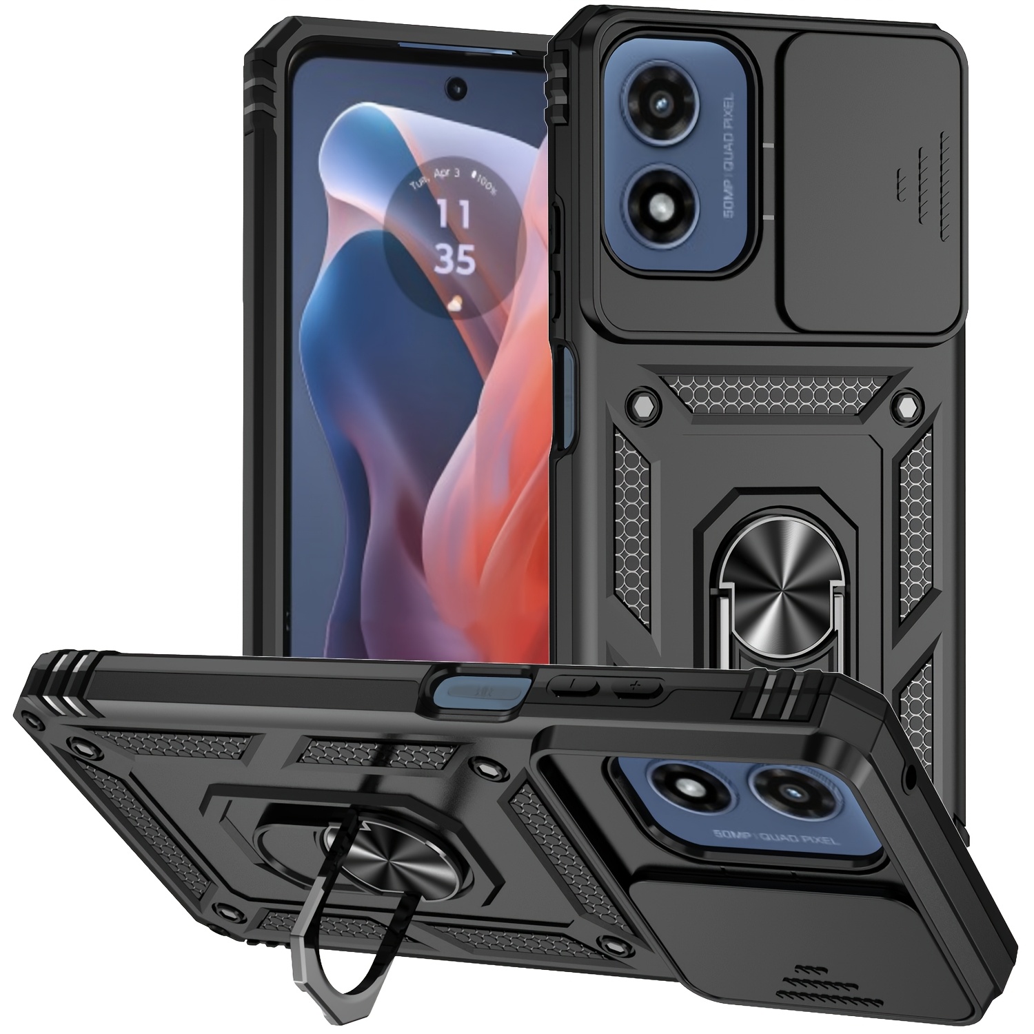 TEMU For Motorola G Play 4g 2024 Phone Case With Bracket Ring Stand And Sliding Camera Cover G Play 4g 2024 Phone Case, Magnetic And Pc Heavy Duty