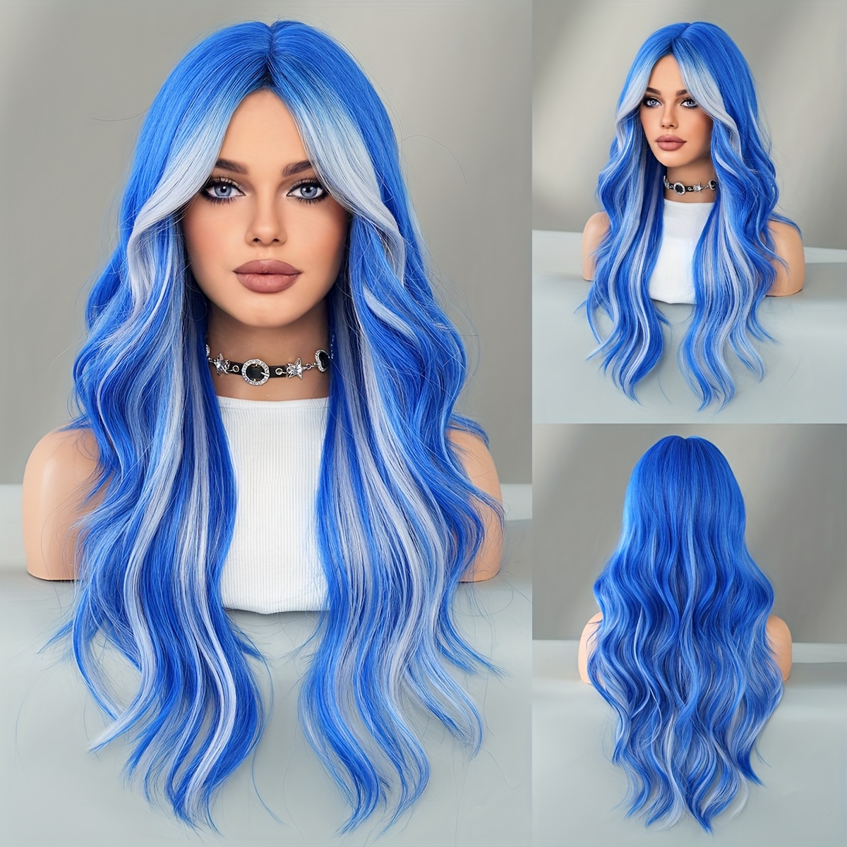 

7jhh Wigs Women's Long Loose Wig, High Density 150% Synthetic Hair, Heat Resistant, With Cap, White Ombre Blue Party Costume Wig, 25.