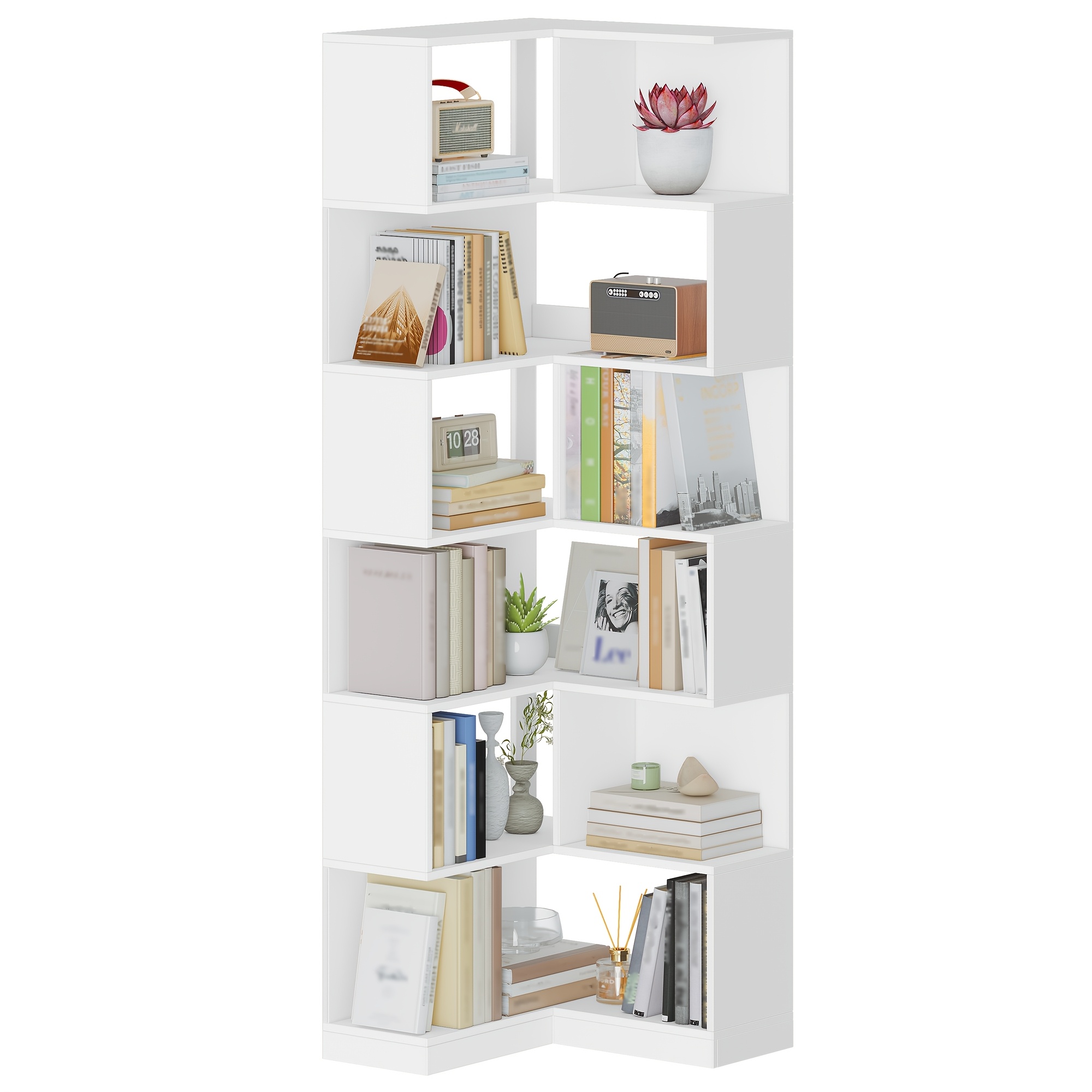 7-tier L-shaped Corner Bookshelf With -standing Shelf Unit - Freestanding Storage Shelf Suitable For Living Room, Bedroom, Home Office, Space- With Corner Shelves, Assembly, Modern White Bookcase ()