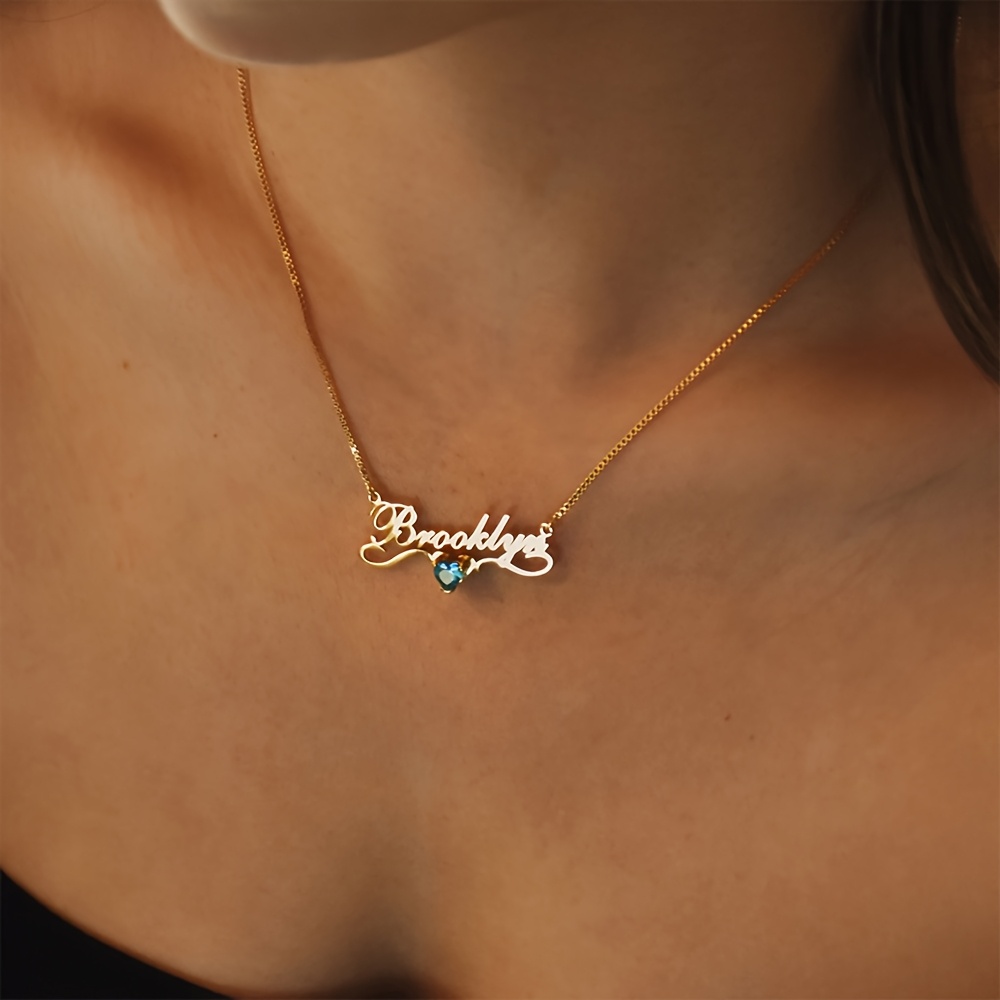 TEMU Customized Personalized Stainless Steel Birthstone Pendant Necklace, Featuring A Synthetic Zirconia Name Necklace, Golden Name Necklace, Custom