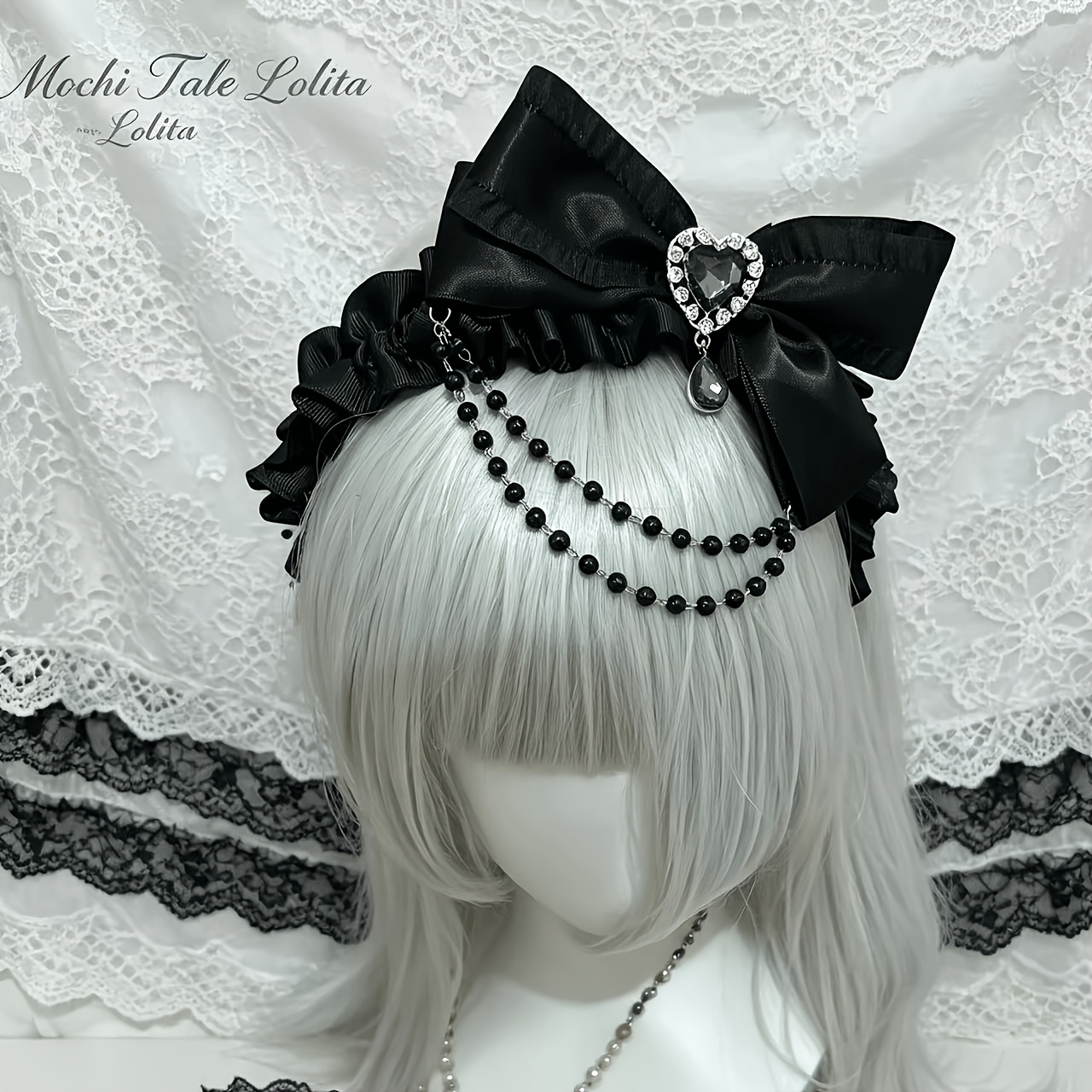 TEMU 1pc Gothic Vintage Hair Accessory With Rhinestone Bow And Heart Pendant - Double-layer Beaded Chain And Lace Headband, Suitable For Themed