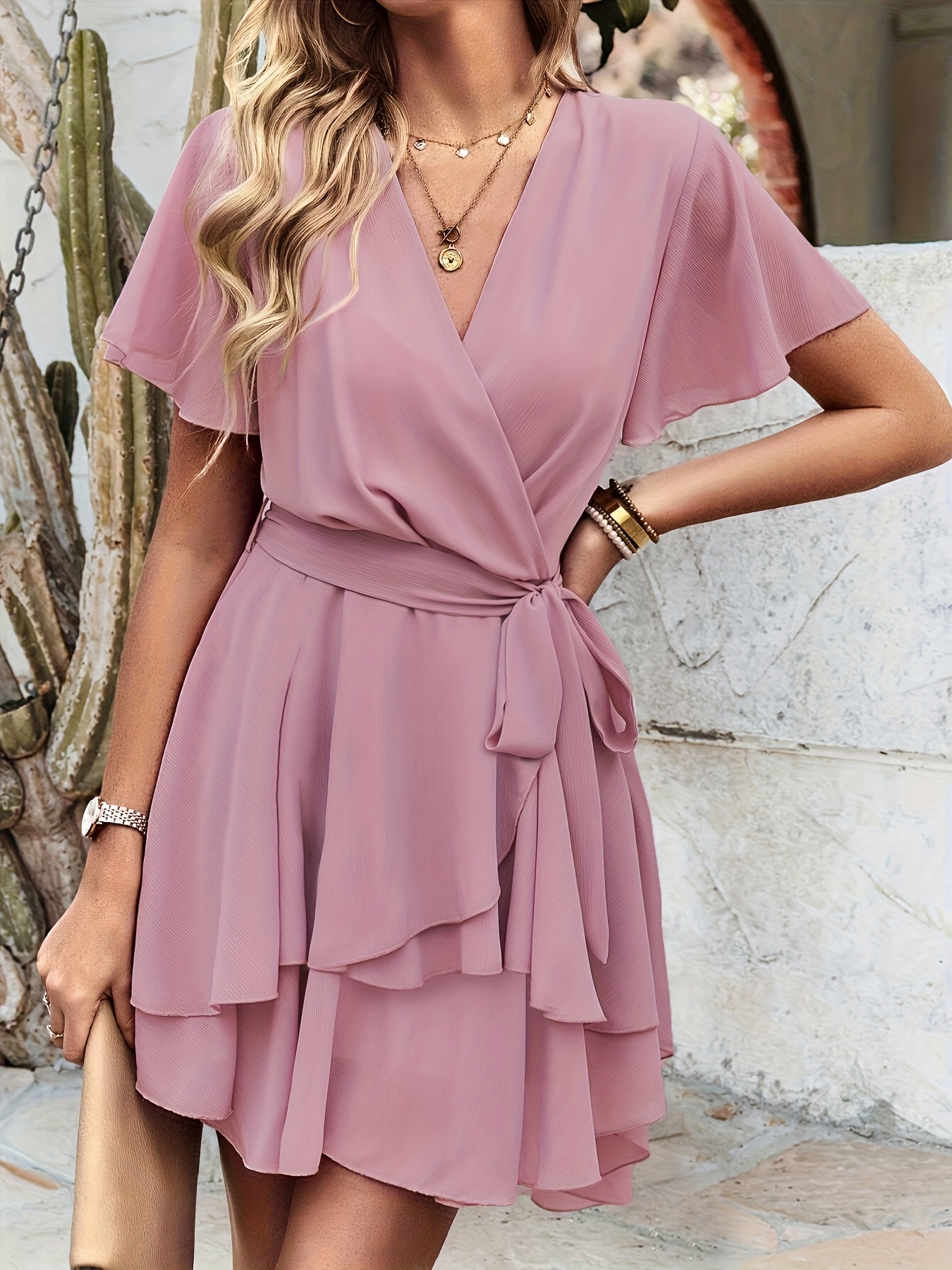 Pale Pink V Neck Ruffle Sleeve Dress Women's V Neck Ruffle Hem