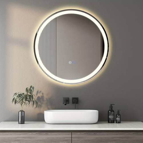 item picture 50cm round dimmable wall mirror with lighting touch switch remote control adjustable color temperature 3000k 6500k bathroom bedroom mirror with hardwired power modern round design for dressing room vanity energy