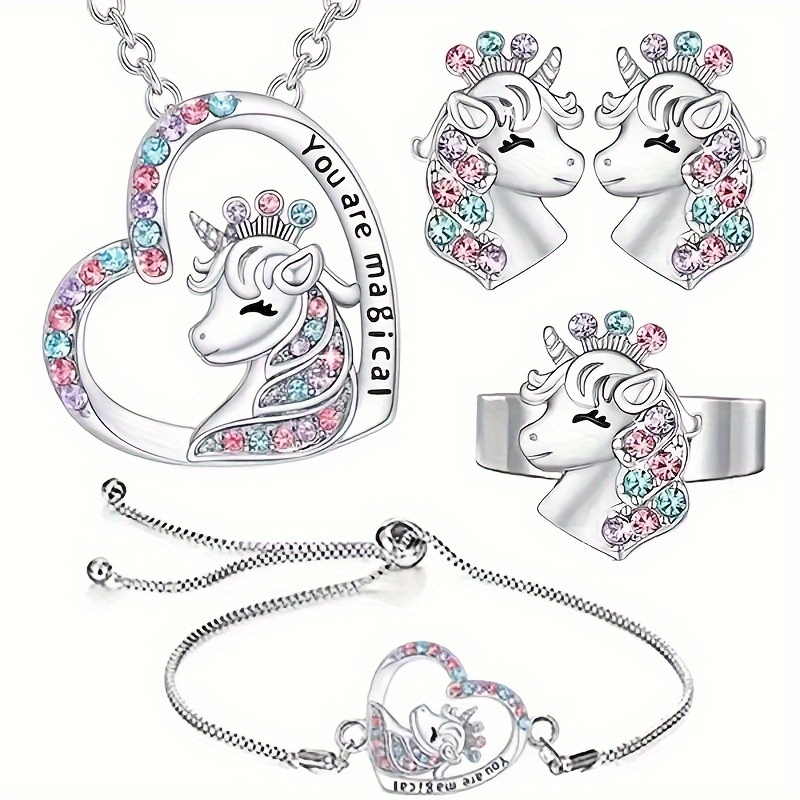 TEMU A Set Of Creative Elegant Cute Unicorn Heart Pendant Necklace, Earrings, Bracelet, Decorative Accessories Holiday Party Gift