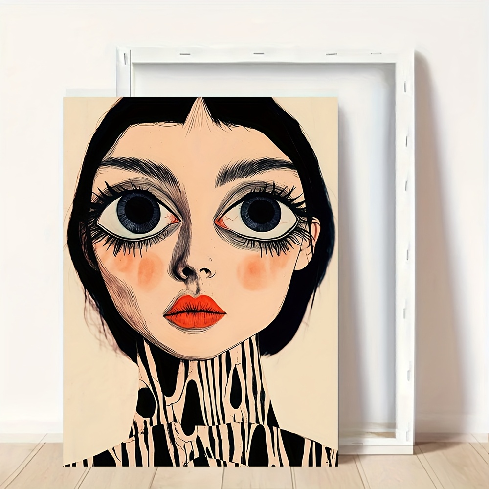 1pc Surreal Artistic Portrait Wall Art with Big Eyes & Patterned Neck - Wooden Framed Canvas Home Decor for Bedroom, Living Room, Kitchen, Hallway - Unique Gift for Birthdays, Independence Day, Father’s Day (0.75
