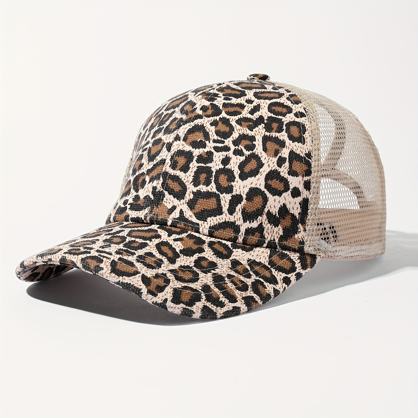 

Women's Sexy Leopard Print Baseball Cap With Ponytail Hole, Mesh Back Trucker Hat, Adjustable Street Wear Outdoor Casual Hat