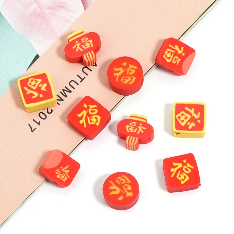 

100pcs Chinese New Year Red Envelopes Beads - Soft Clay Charms For Diy Bracelets, Phone Chains - Traditional Lantern & Word Crafting Beads