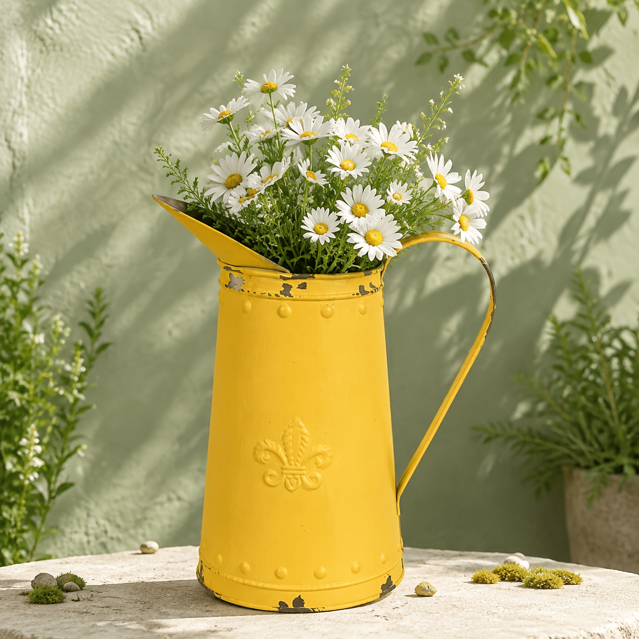 TEMU 1pc Vintage Distressed Pitcher Vase, Rustic Galvanized Iron Watering Can Decor With Embossed Pattern, Farmhouse Style Jug For Dried Flower